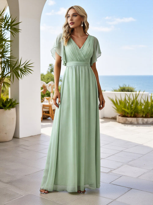 Cicinia Floor Length Chiffon Dusty Sage Bridesmaid Dresses Long A-line V-neck Pleats