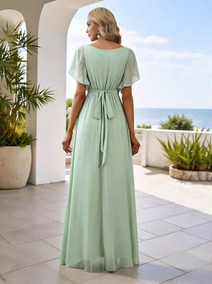 Cicinia Floor Length Chiffon Dusty Sage Bridesmaid Dresses Long A-line V-neck Pleats