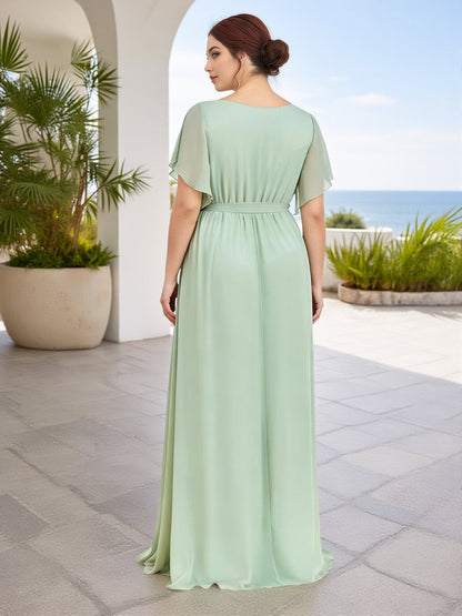 Cicinia Floor Length Chiffon Dusty Sage Bridesmaid Dresses Plus Size Long A-line V-neck Pleats