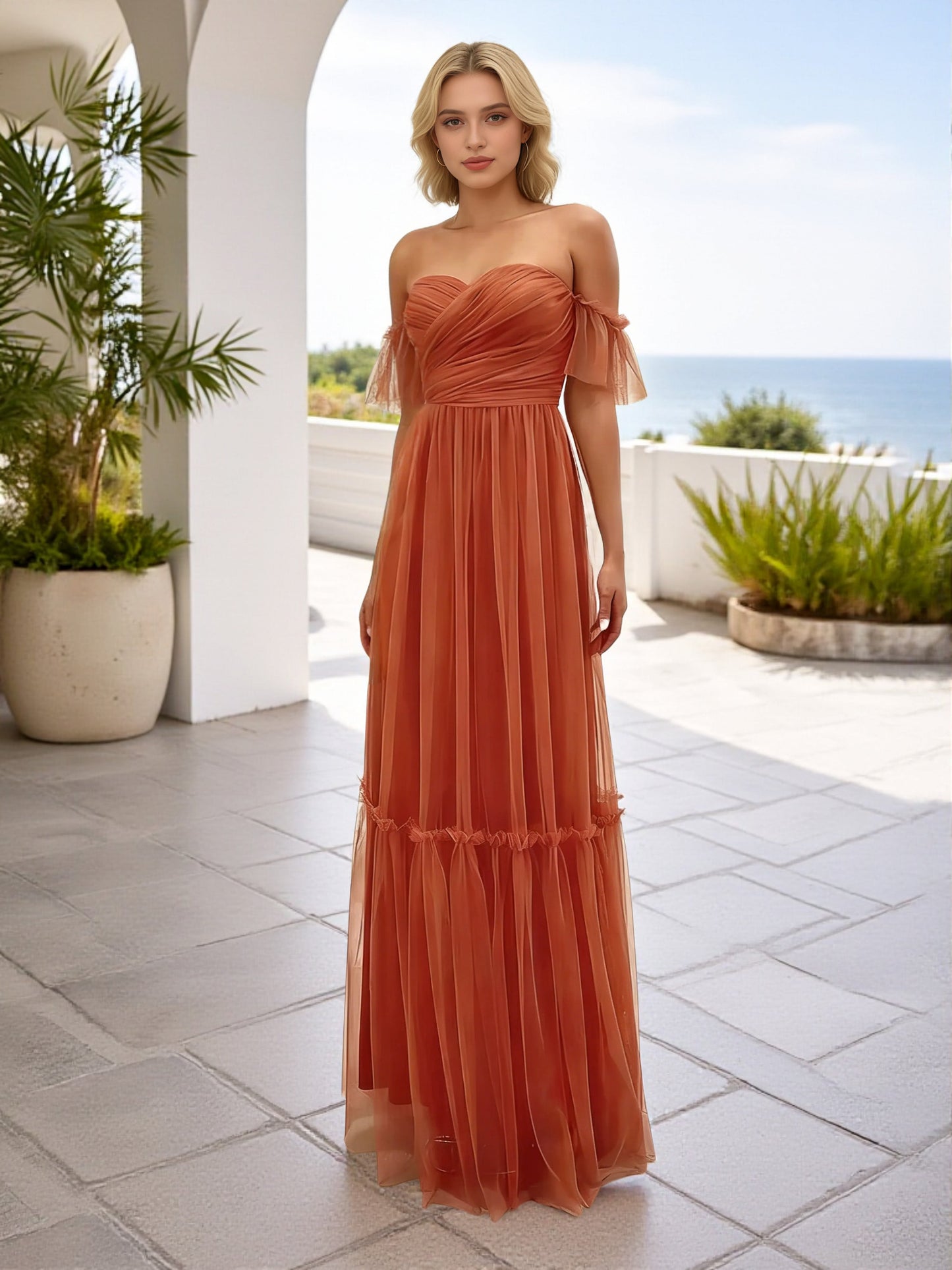Cicinia V-neck Burnt Orange Bridesmaid Dresses Long Tulle A-line Floor Length Off The Shoulder