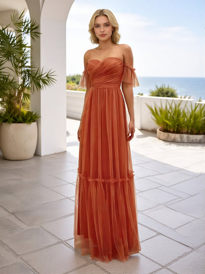Cicinia V-neck Burnt Orange Bridesmaid Dresses Long Tulle A-line Floor Length Off The Shoulder