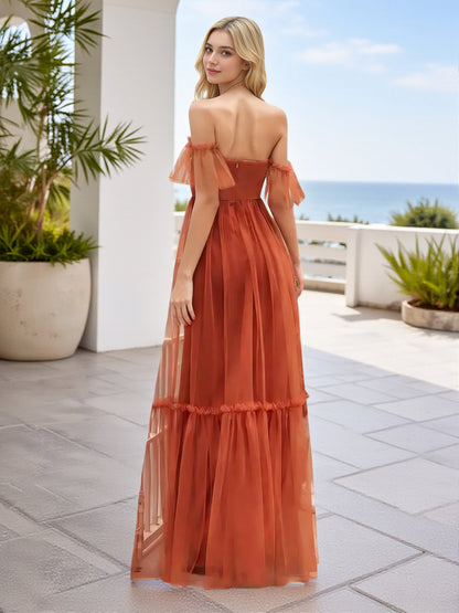 Cicinia V-neck Burnt Orange Bridesmaid Dresses Long Tulle A-line Floor Length Off The Shoulder