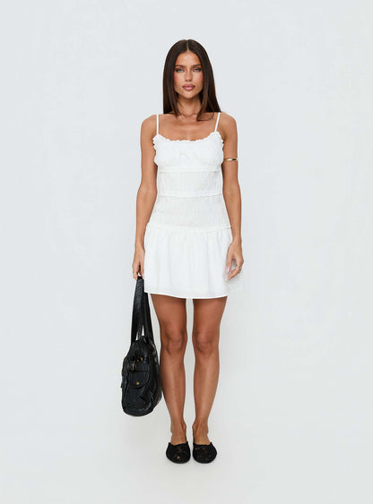 Heaven Estate Shirred Mini Dress White