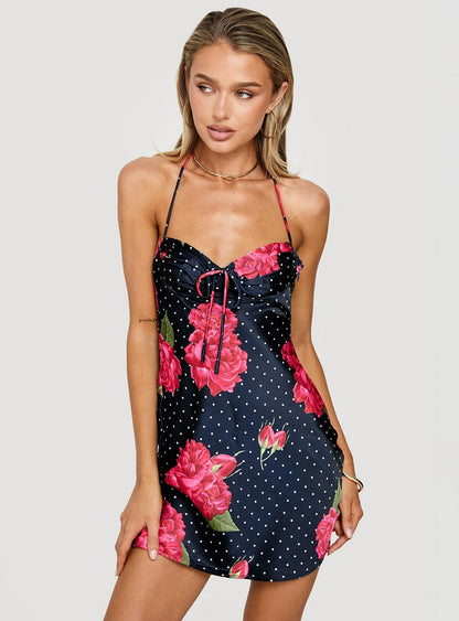 Avabelle Halter Mini Dress Black Floral