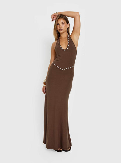 Correna Embellished Halter Maxi Dress Chocolate