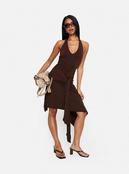 Moonlit Honey Asymmetrical Halter Jersey Midi Dress Chocolate