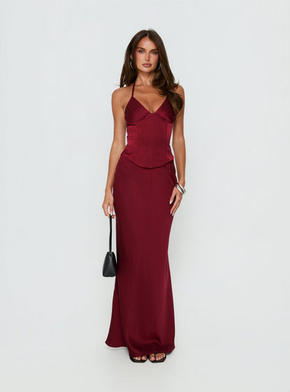 Devotedness Satin Corset Maxi Dress Deep Red