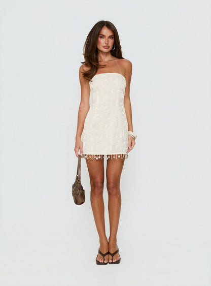 We Made It Strapless Sequin Mini Dress Cream