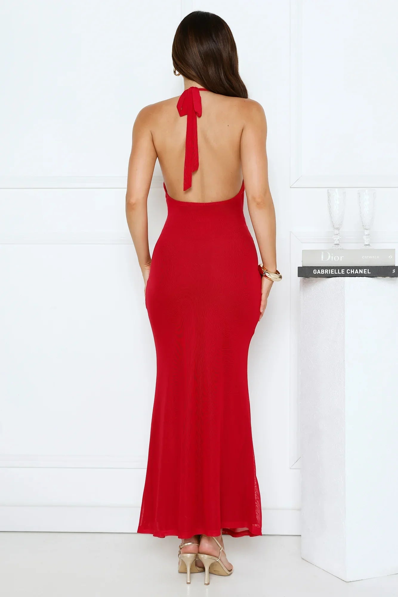 Sleek Bloom Halter Maxi Dress Red