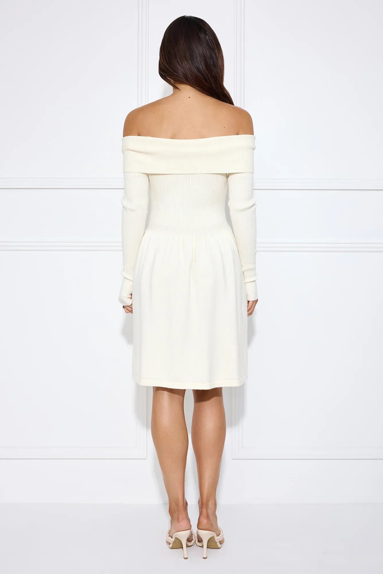 Snowlight Off Shoulder Ribbed Midi Dress Cream