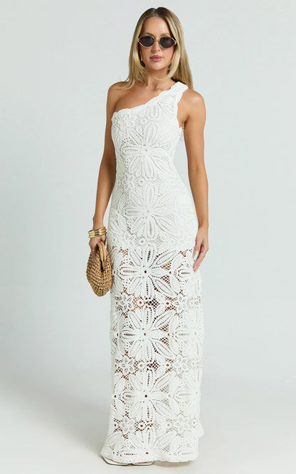 Charlene Maxi Dress - Crochet Knitted One Shoulder Maxi Dress in White
