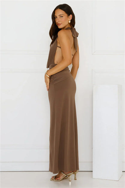 Silk Essence Halter Maxi Dress Brown