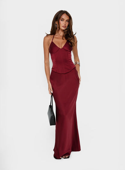 Devotedness Satin Corset Maxi Dress Deep Red