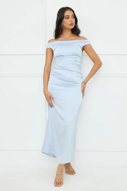 Polished Radiance Off Shoulder Satin Maxi Dress Blue