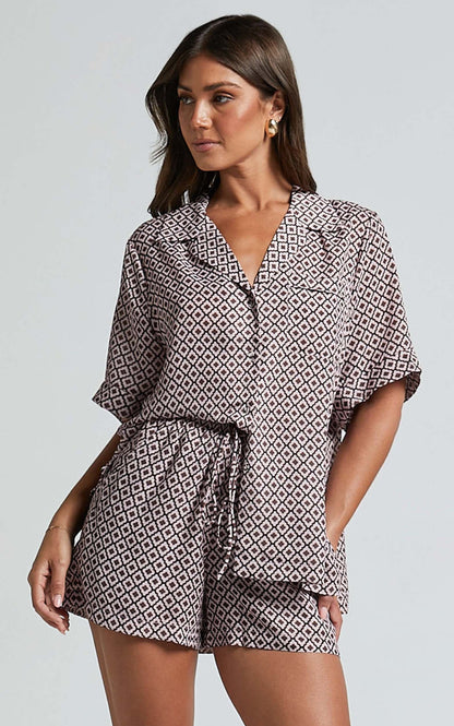 Brunita Shorts - High Waisted Tie Shorts in Moroccan Geo print