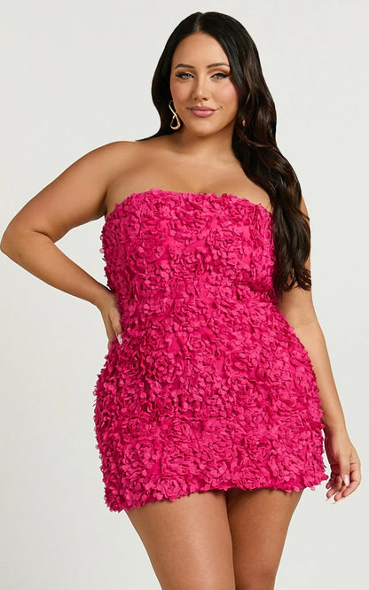 Cassia Mini Dress - Strapless 3D Floral Lace Up Back Dress in Pink