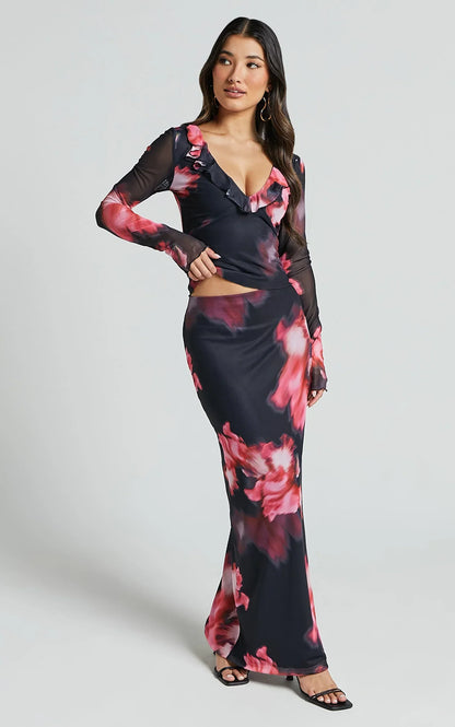 Chrissy Maxi Skirt - High Waisted Mesh Skirt in Daze Print
