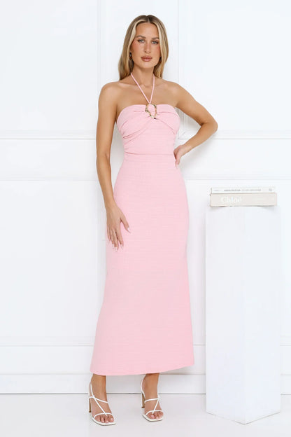 Minimalist Luxe Halter Midi Dress Pink
