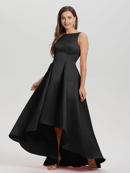 A-Line Sleeveless High Low Satin Bodice V-Back Bridesmaid Dress