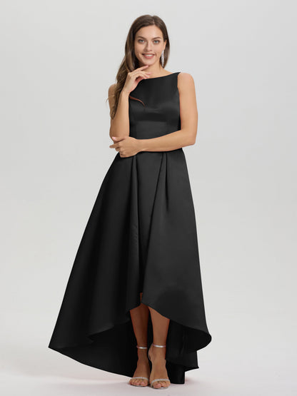 A-Line Sleeveless High Low Satin Bodice V-Back Bridesmaid Dress
