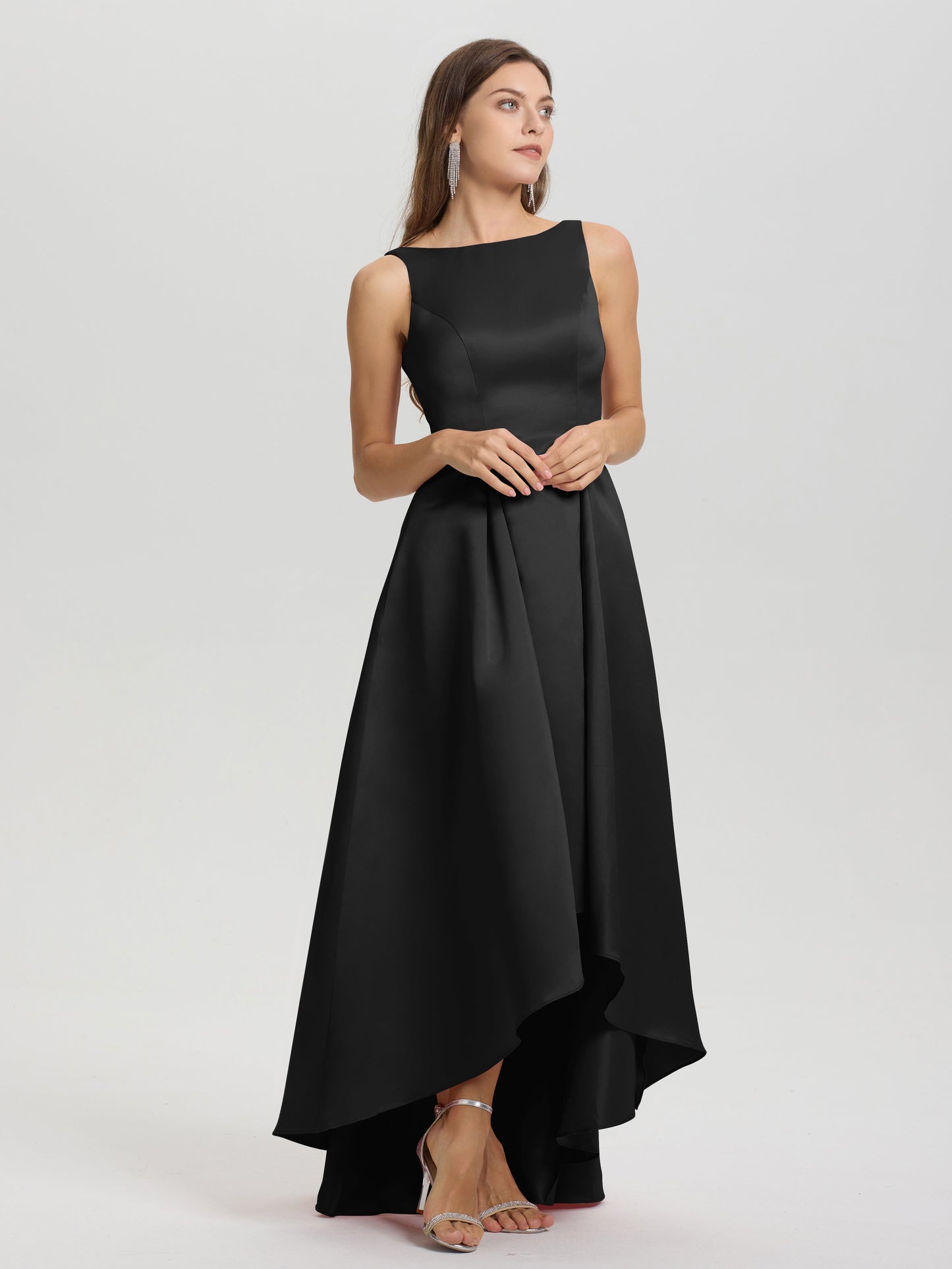 A-Line Sleeveless High Low Satin Bodice V-Back Bridesmaid Dress