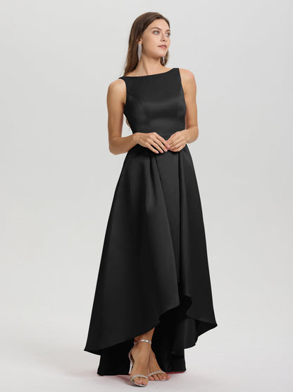 A-Line Sleeveless High Low Satin Bodice V-Back Bridesmaid Dress