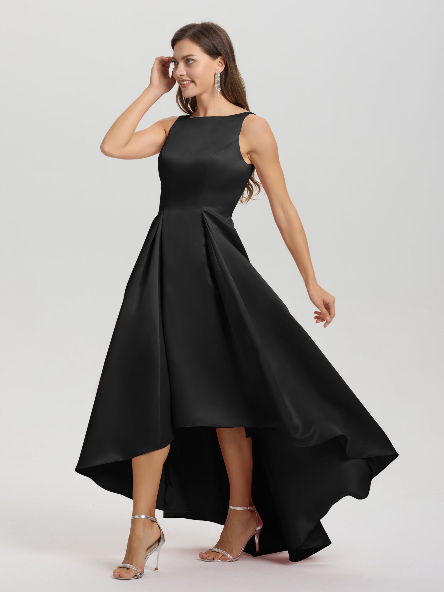 A-Line Sleeveless High Low Satin Bodice V-Back Bridesmaid Dress