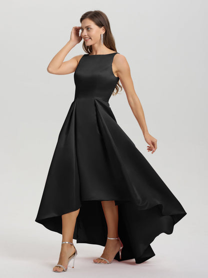 A-Line Sleeveless High Low Satin Bodice V-Back Bridesmaid Dress