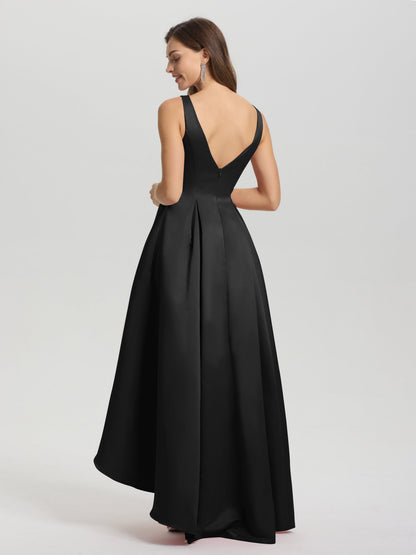 A-Line Sleeveless High Low Satin Bodice V-Back Bridesmaid Dress