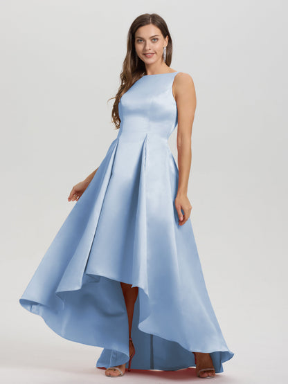 A-Line Sleeveless High Low Satin Bodice V-Back Bridesmaid Dress