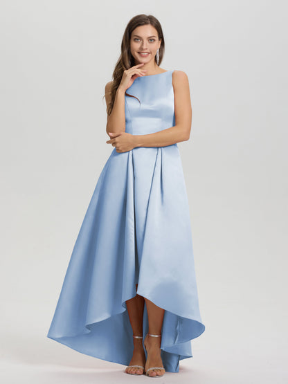 A-Line Sleeveless High Low Satin Bodice V-Back Bridesmaid Dress