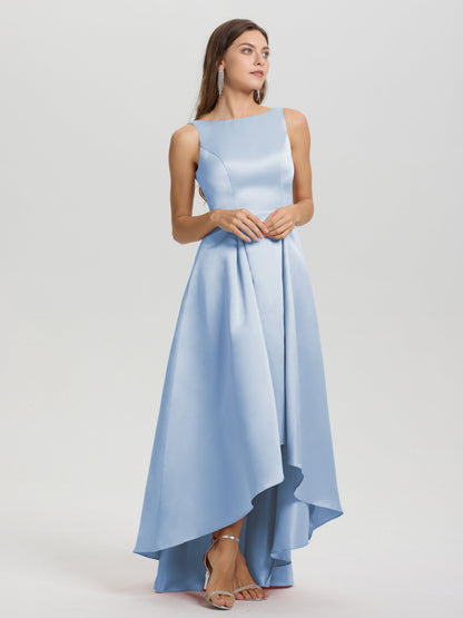 A-Line Sleeveless High Low Satin Bodice V-Back Bridesmaid Dress