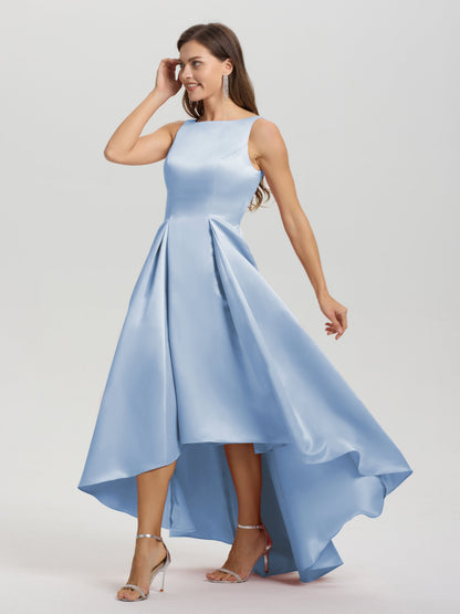 A-Line Sleeveless High Low Satin Bodice V-Back Bridesmaid Dress