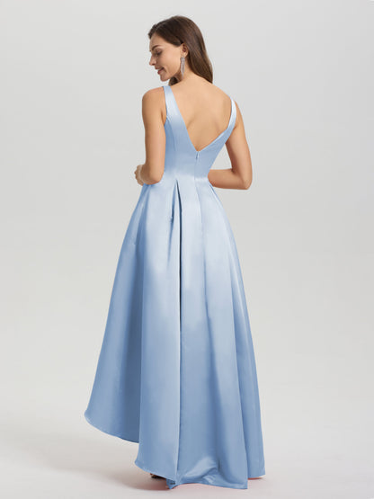 A-Line Sleeveless High Low Satin Bodice V-Back Bridesmaid Dress