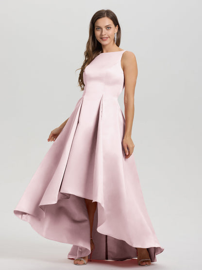 A-Line Sleeveless High Low Satin Bodice V-Back Bridesmaid Dress