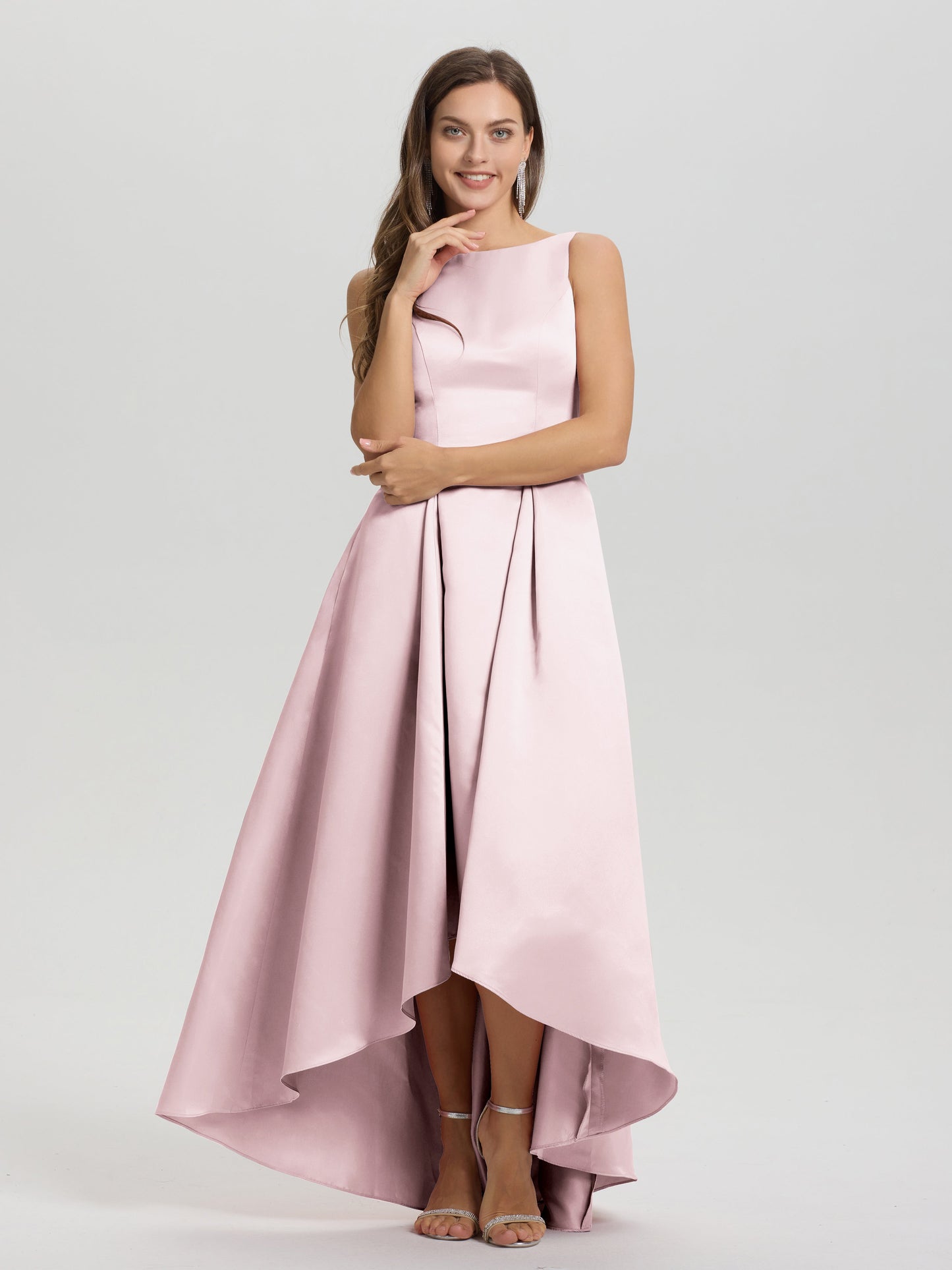 A-Line Sleeveless High Low Satin Bodice V-Back Bridesmaid Dress