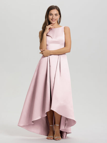A-Line Sleeveless High Low Satin Bodice V-Back Bridesmaid Dress