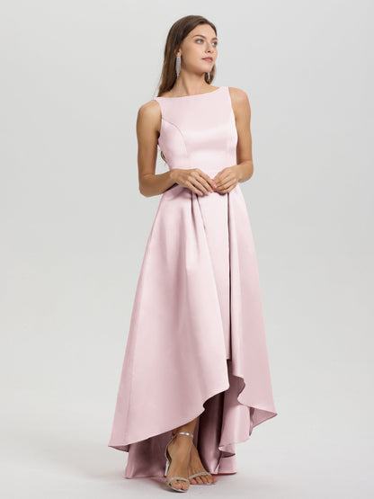 A-Line Sleeveless High Low Satin Bodice V-Back Bridesmaid Dress