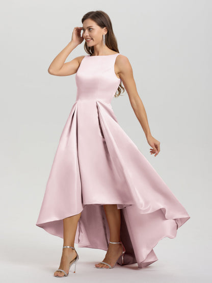 A-Line Sleeveless High Low Satin Bodice V-Back Bridesmaid Dress