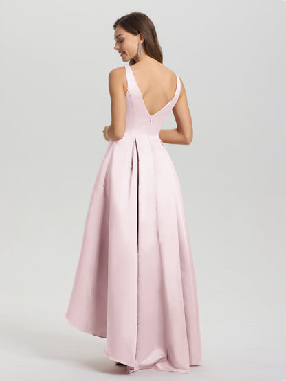 A-Line Sleeveless High Low Satin Bodice V-Back Bridesmaid Dress