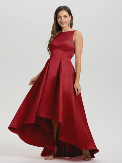 A-Line Sleeveless High Low Satin Bodice V-Back Bridesmaid Dress
