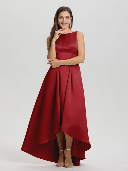 A-Line Sleeveless High Low Satin Bodice V-Back Bridesmaid Dress