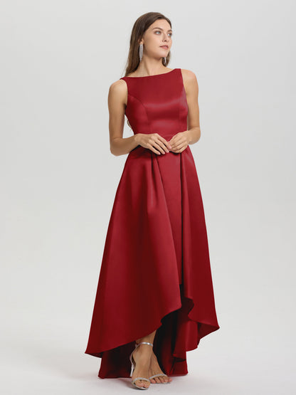 A-Line Sleeveless High Low Satin Bodice V-Back Bridesmaid Dress