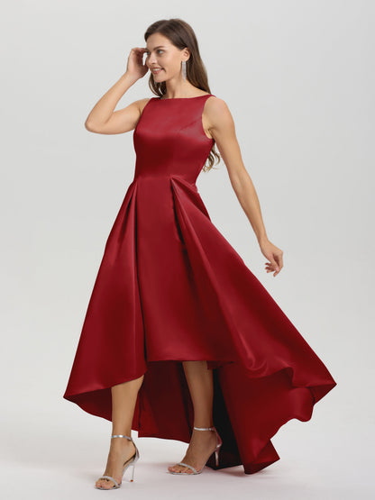 A-Line Sleeveless High Low Satin Bodice V-Back Bridesmaid Dress