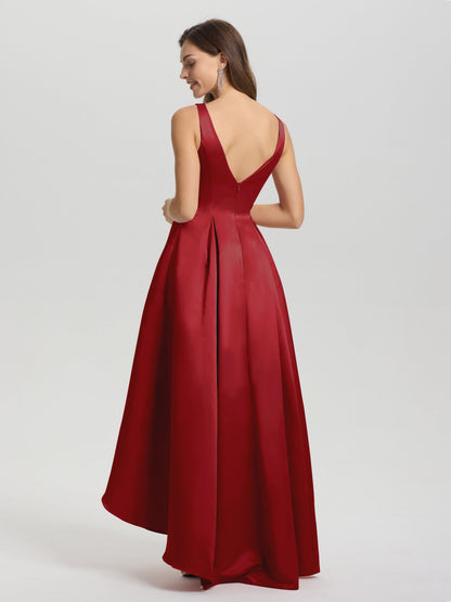 A-Line Sleeveless High Low Satin Bodice V-Back Bridesmaid Dress
