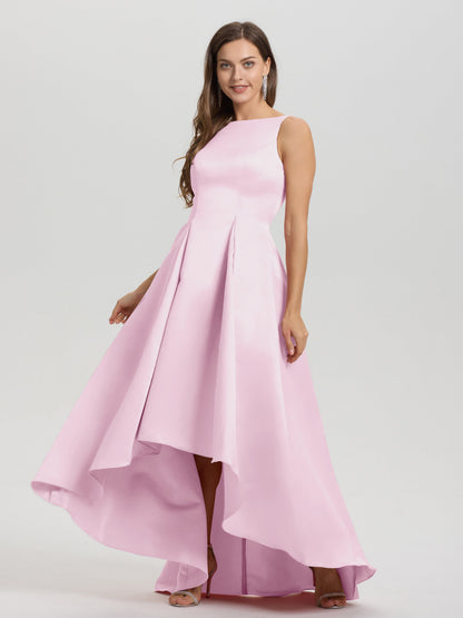 A-Line Sleeveless High Low Satin Bodice V-Back Bridesmaid Dress
