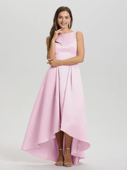 A-Line Sleeveless High Low Satin Bodice V-Back Bridesmaid Dress
