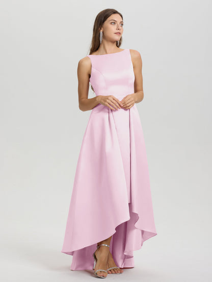 A-Line Sleeveless High Low Satin Bodice V-Back Bridesmaid Dress