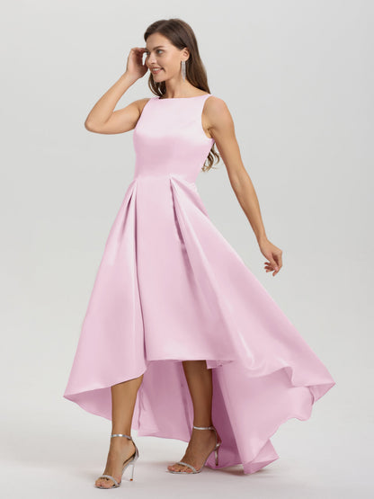 A-Line Sleeveless High Low Satin Bodice V-Back Bridesmaid Dress