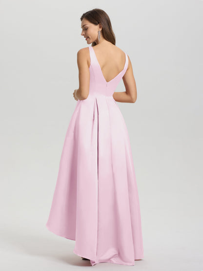 A-Line Sleeveless High Low Satin Bodice V-Back Bridesmaid Dress